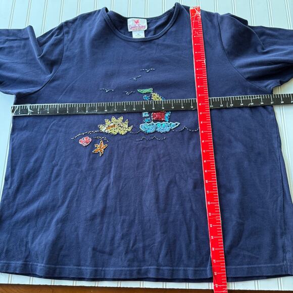 Quacker Factory Sequin Sailing Nautical Navy Blue Pullover - Picture 9 of 10